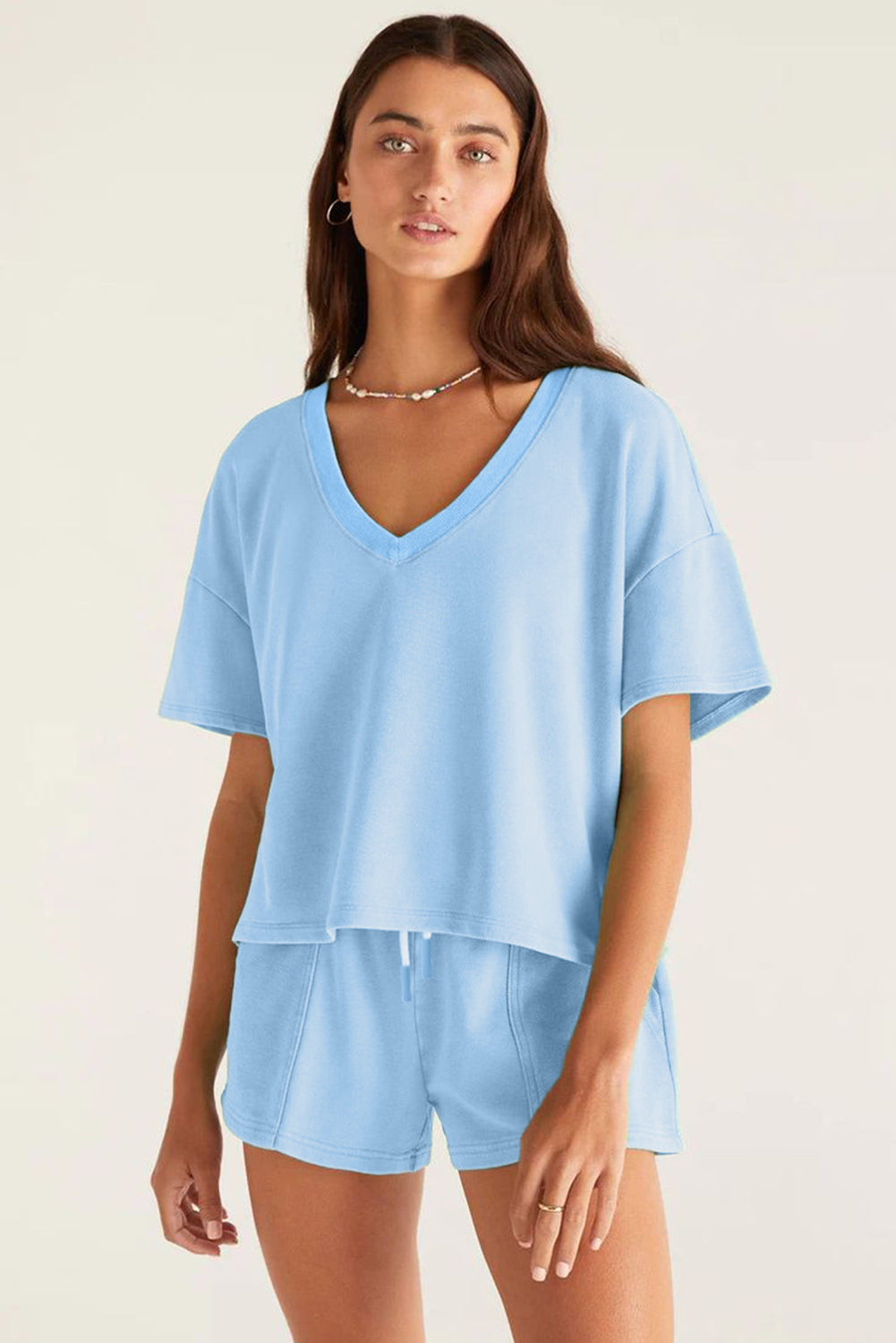 Bonbon V Neck Drop Shoulder Tee and Patchwork Drawstring Elastic Waistband Shorts Set