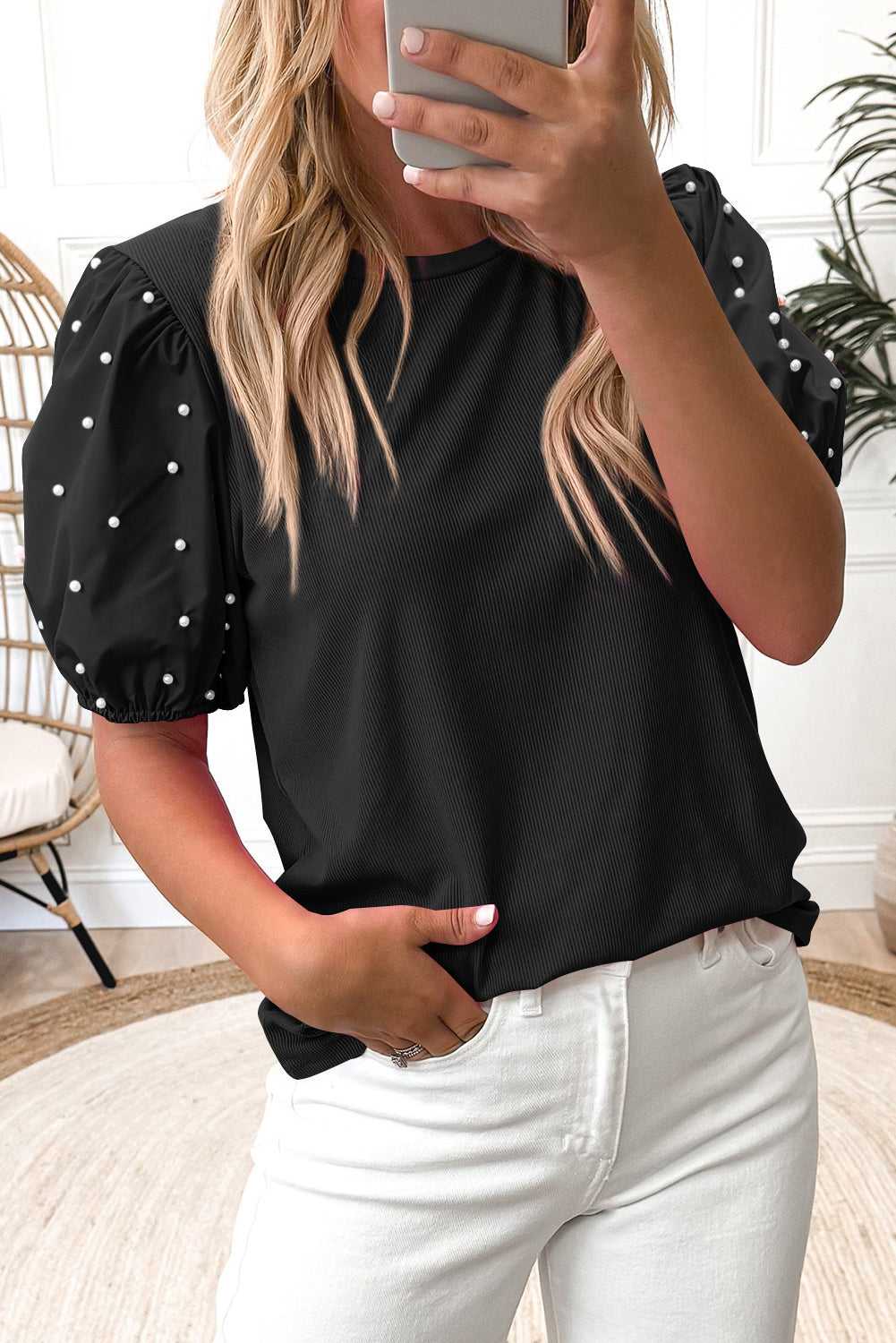 Bright Pink Ribbed Pearl Beaded Puff Sleeve Top